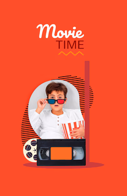 collage about movie time with kid wearing glasses